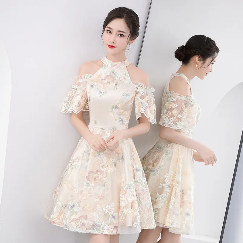 

Vintage Improved Flower Qipao Summer New Women Evening Gown Classic Short Sleeve Party Cheongsam Elegant Bride Wedding Dress