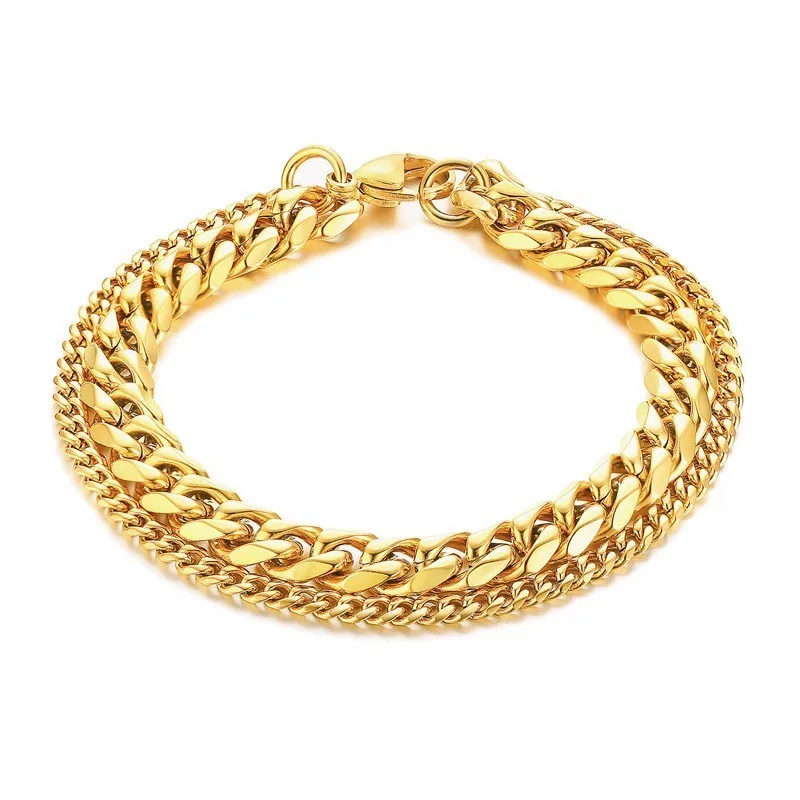 

Classic Miami Cuba Two String Link Chain Men Bracelet in Golden Stainless Steel Male Hip Hop Rock Homme Jewelry 8.26in