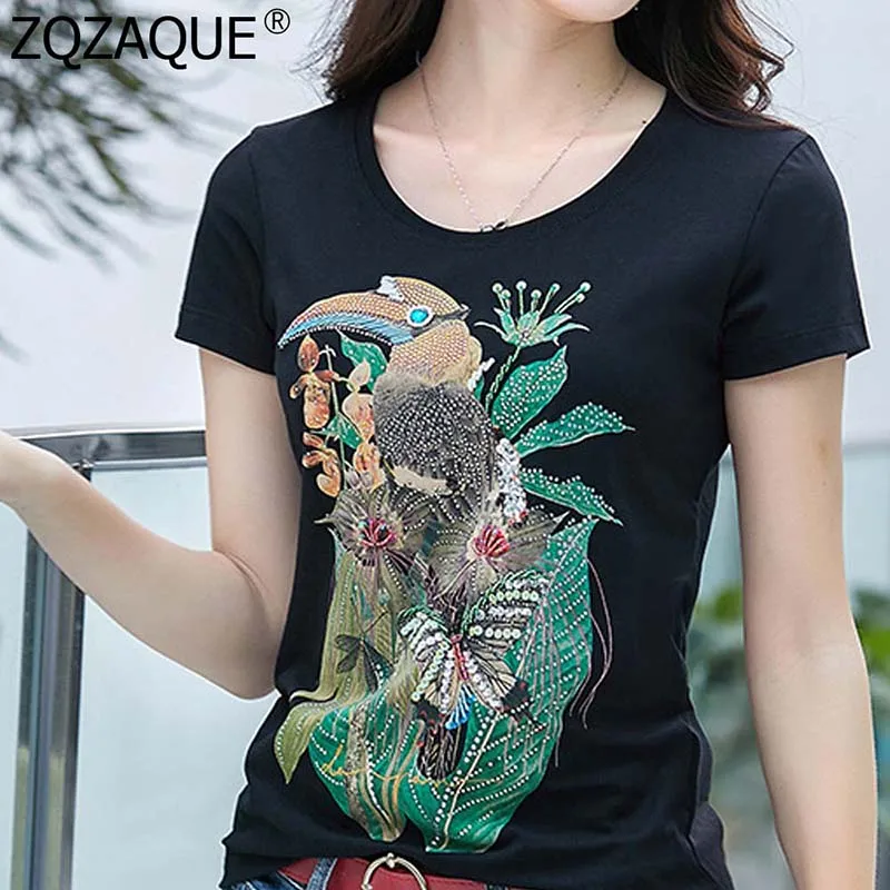 

High Quality Cotton T-shirts for Women Girl Fashion Beading Diamonds Bird Butterfly Slim Tops Ladies Short Sleeve Printing Tees