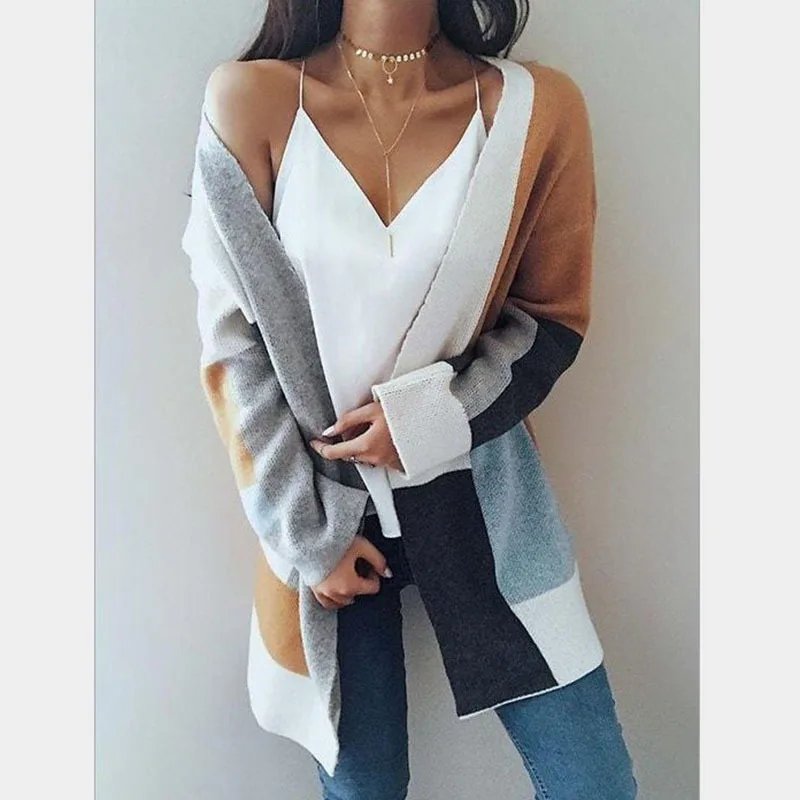 

Casual Patchwork Long Cardigan Poacket Knitting Outwear Autumn Winter Long Sleeve Loose Knitted Sweaters