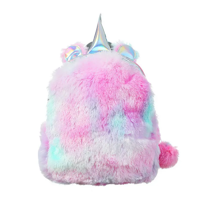 

Cute Women's PU Leather Furry Fluffy Plush Unicorn Mini Backpack with Sequins Fashion Back Pack Paillettes girl teenager child