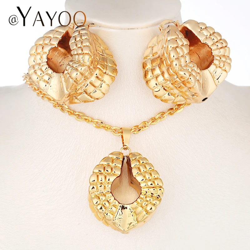

AYAYOO Gold Color Jewelry Sets Nigerian Bead Jewelry Set Copper Big Hoop Earrings Jewellery Necklace Women Ethiopian Jewelry Set
