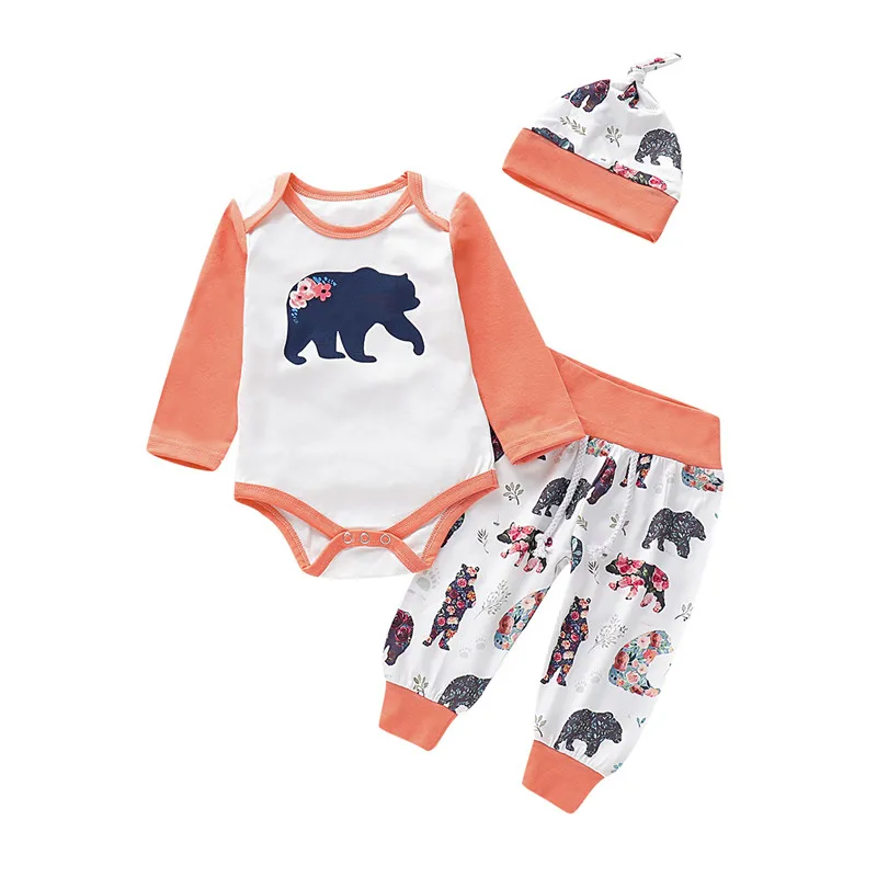 

Newborn Infant Toddelr Baby Girl Boy Clothing Set Autumn Long Sleeve O-Neck Animal Print Bear Bodysuit Pants Cap 3Pcs Outfits