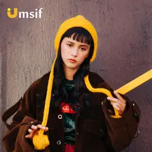 Новинка, Женские однотонные шапки-бини ручной работы, женские зимние теплые длинные шерстяные шапки с помпонами, вязаные шапки для женщин, Повседневная шапка