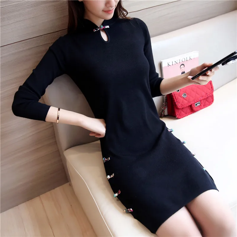 Женское трикотажное платье свитер с разрезом и длинным рукавом|vestido feminino|mini dresswomen