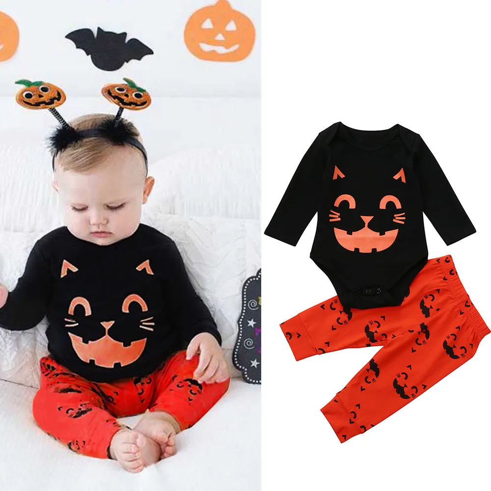 

Cute 2PCS Halloween Clothes Baby Boys Girls Long Sleeve Cat Print Romper + Cartoon Print Long Pants Halloween Outfit Set 6-24M