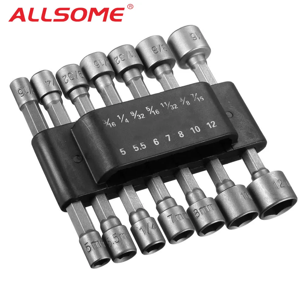  ALLSOME 14pcs 1/4 Inch Hex Shank Power Nut Driver Drill Bit Set SAE Metric Socket Wrench Screw Scre
