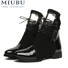 MIUBU 36-43 Women Boots Genuine Leather Flat Martin Ankle Boots Motorcycle Boots Autumn Shoes Women Winter Patent leather Botas prova perfetto black ankle boots for women rivets studded flat autumn botas mujer genuine leather platform rubber martin boots