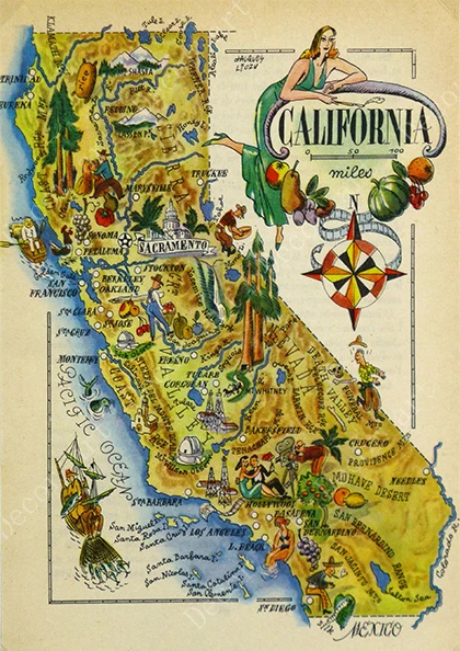 Американская California Sonoma Pop карта путешествия холст картины винтажный настенный