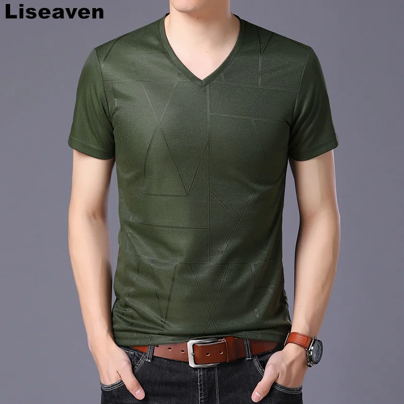 Liseaven модная мужская футболка с коротким рукавом, повседневная мужская футболка, одноцветная футболка с v-образным вырезом, мужские топы, футболки