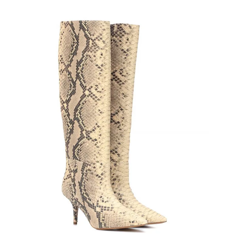 

Snake Effect Mid-calf Boots For Fall Spring Women Shoes Best Street Fashion Sexy Ladies High Heels Pointed Toe Woman Boots
