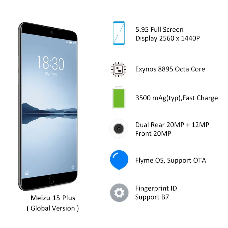 В наличии оригинальный Meizu 15 Plus глобальная версия 6 ГБ оперативная память 64 Гб 128