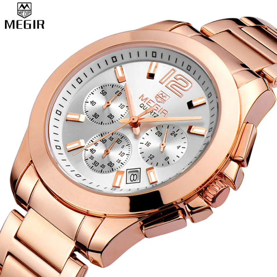 Prix pour MEGIR Femmes quartz montre Chronographe en Or Rose En Acier Bande Bracelet montre étanche mode femmes robe montre relogios feminino Prix pour MEGIR Femmes quartz montre Chronographe en Or Rose En Acier Bande Bracelet montre étanche mode femmes robe montre relogios feminino