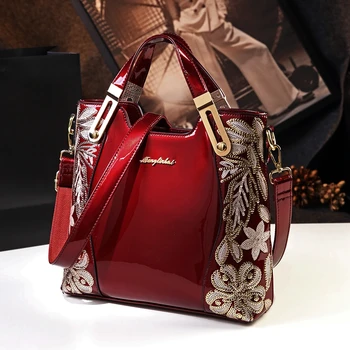

2019 new fashion women leather handbag famous brands flower embroidery patent leather shoulder messenger bag stereotype clutches