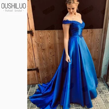 

Royal Blue Satin Long Prom Dresses with Lace-Up Back Puffy A Line Appliques V Neck Off Shoulder Court Train Princess Bridal Gown