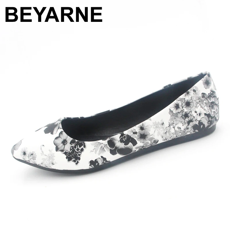 

BEYARNE New Women Leather Flats High Quality Chinese Style Flower Casual Pointy Toe Basic Ballerina Ballet Flat Slip On Shoes