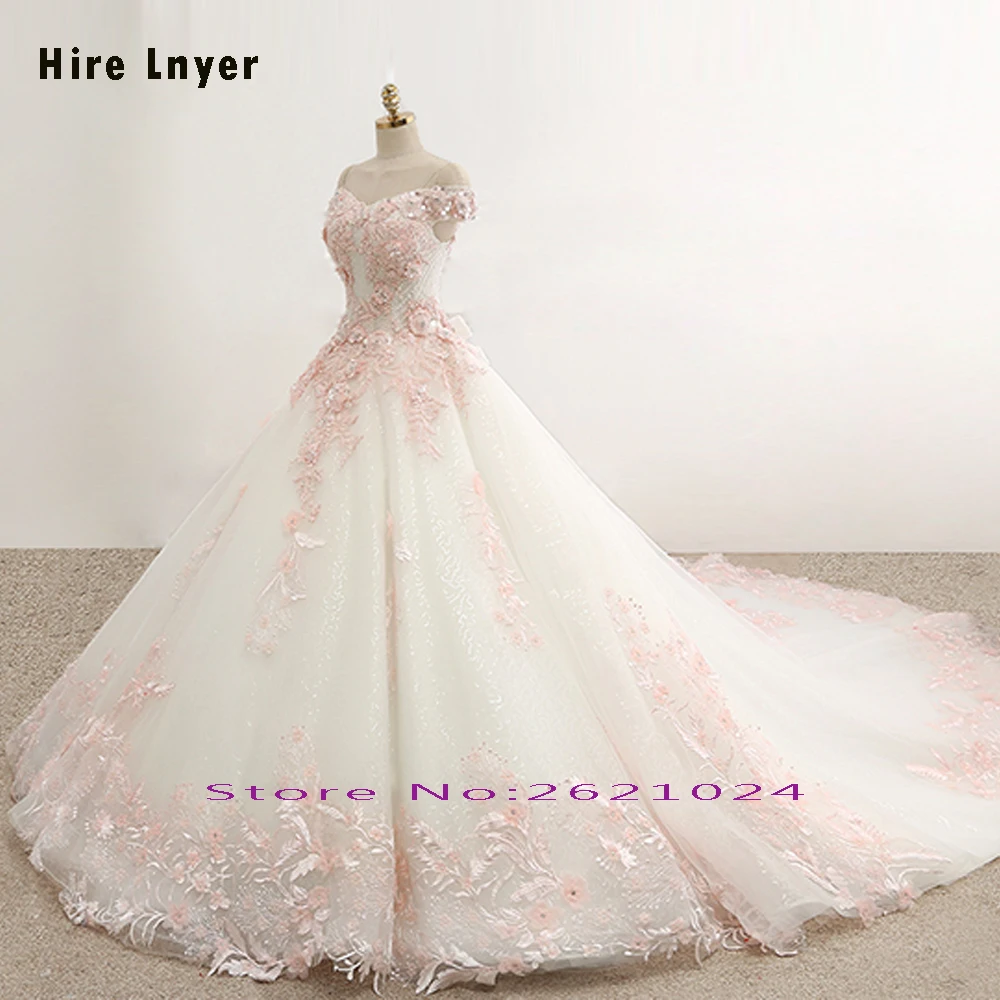 NAJOWPJG свадебное платье принцессы с открытыми плечами, коротким рукавом, на шнуровке, Gelinlik,, розовые цветы, Аппликации, бисероплетение, свадебное платье