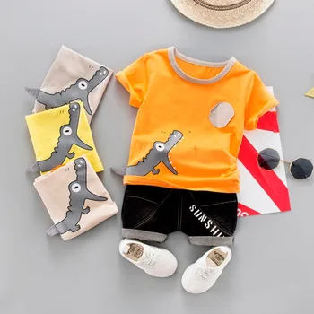 

2019 Fashion Summer Baby Boys Girls Cartoon crocodile Tops and Letter Shorts Set