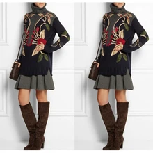 Yidora/ роскошные дизайнерские новые женские брендовые Темно-Синие Серые вышитые боты воротник с длинными рукавами шерсть-смесь вязаный джемпер