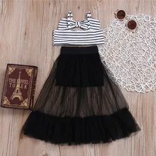 Полосатый топ с бантом без рукавов, рубашки фатиновая кружевная юбка, одежда летние От 6 месяцев до 5 лет для девочек комплект детской одежды из 2 предметов для маленьких девочек