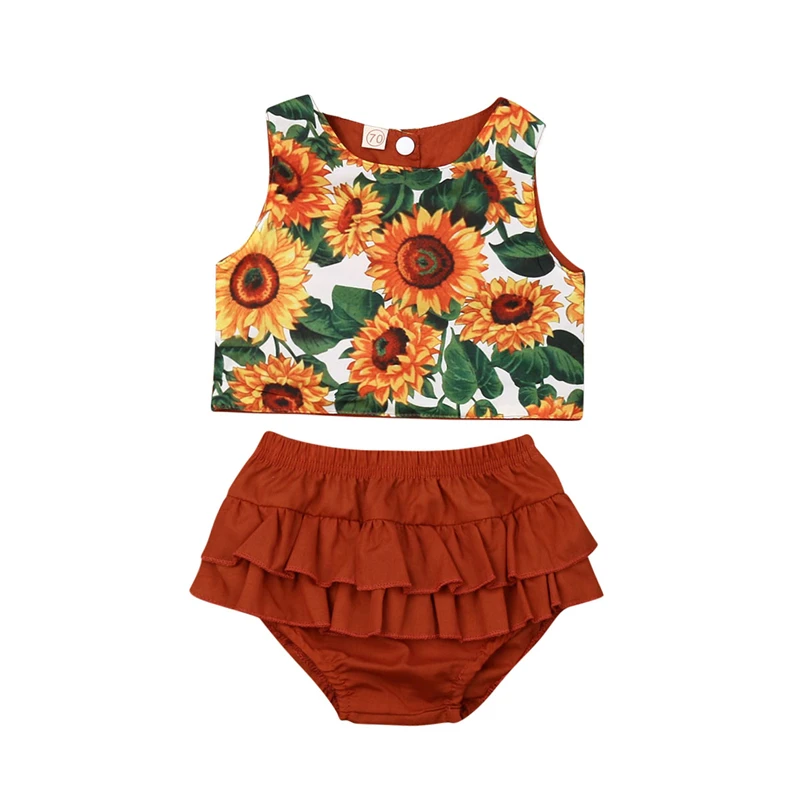 

Newborn Baby Girls Clothing Set Summer Kids Clothes Sunflower Vest Tops Ruffle Shorts Little Girls Clothing Infant Set Clothes