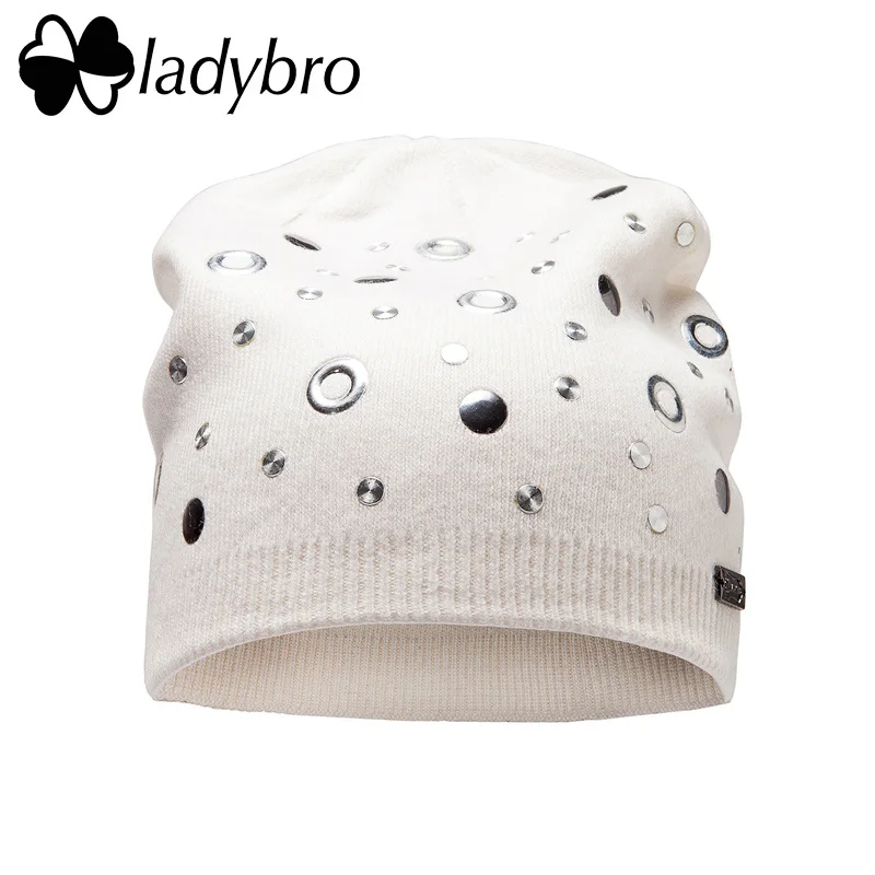 Ladybro двухслойная шляпа с заклепками, женская шапка бини, шерстяная шапка, женская зимняя вязаная шапка, крутая Дамская мода, теплая шапка, бренд - Цвет: 006