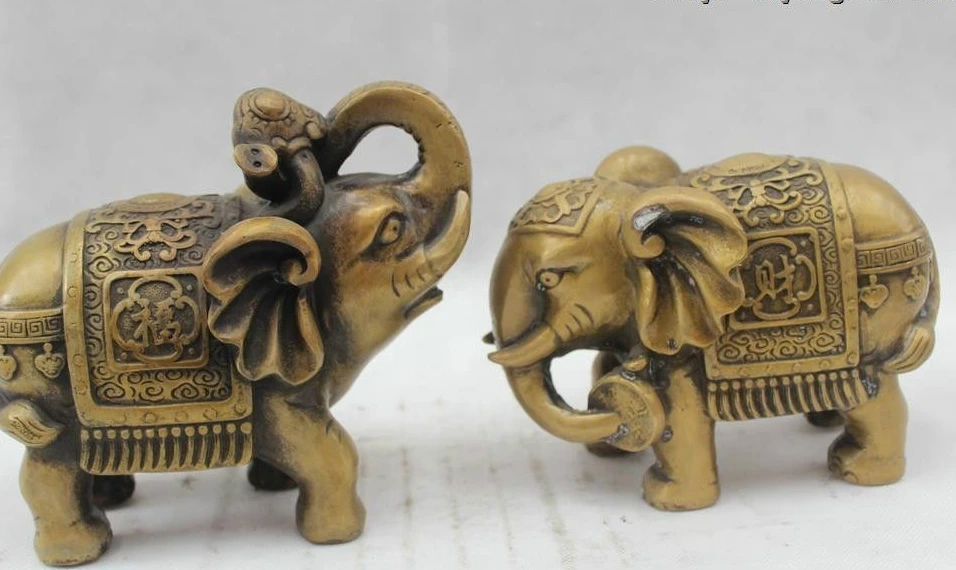 

7"Chinese Folk Pure Bronze Lucky excellent Money drawing elephant Statue Pair