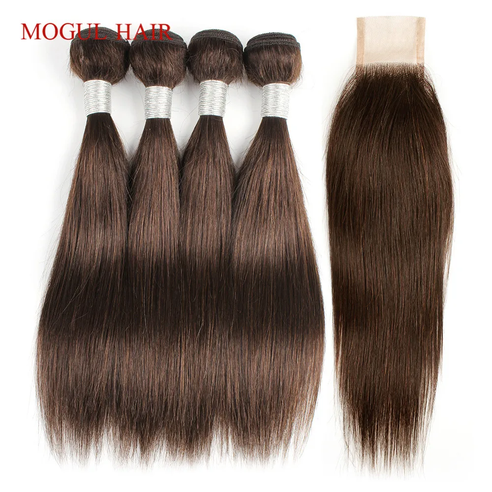 

MOGUL HAIR 50g/pc 4 Bundles with 2x6 Kim K Lace Closure Dark Brown Brazilian Straight Non Remy Human Hair Natual Color 10-16 inch Short Bob Style