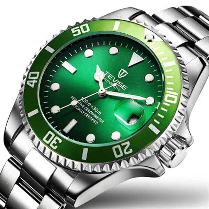 Модные брендовые механические часы TEVISE, мужские автоматические Модные Роскошные наручные часы с ремешком из нержавеющей стали для бизнеса - Цвет: silver green