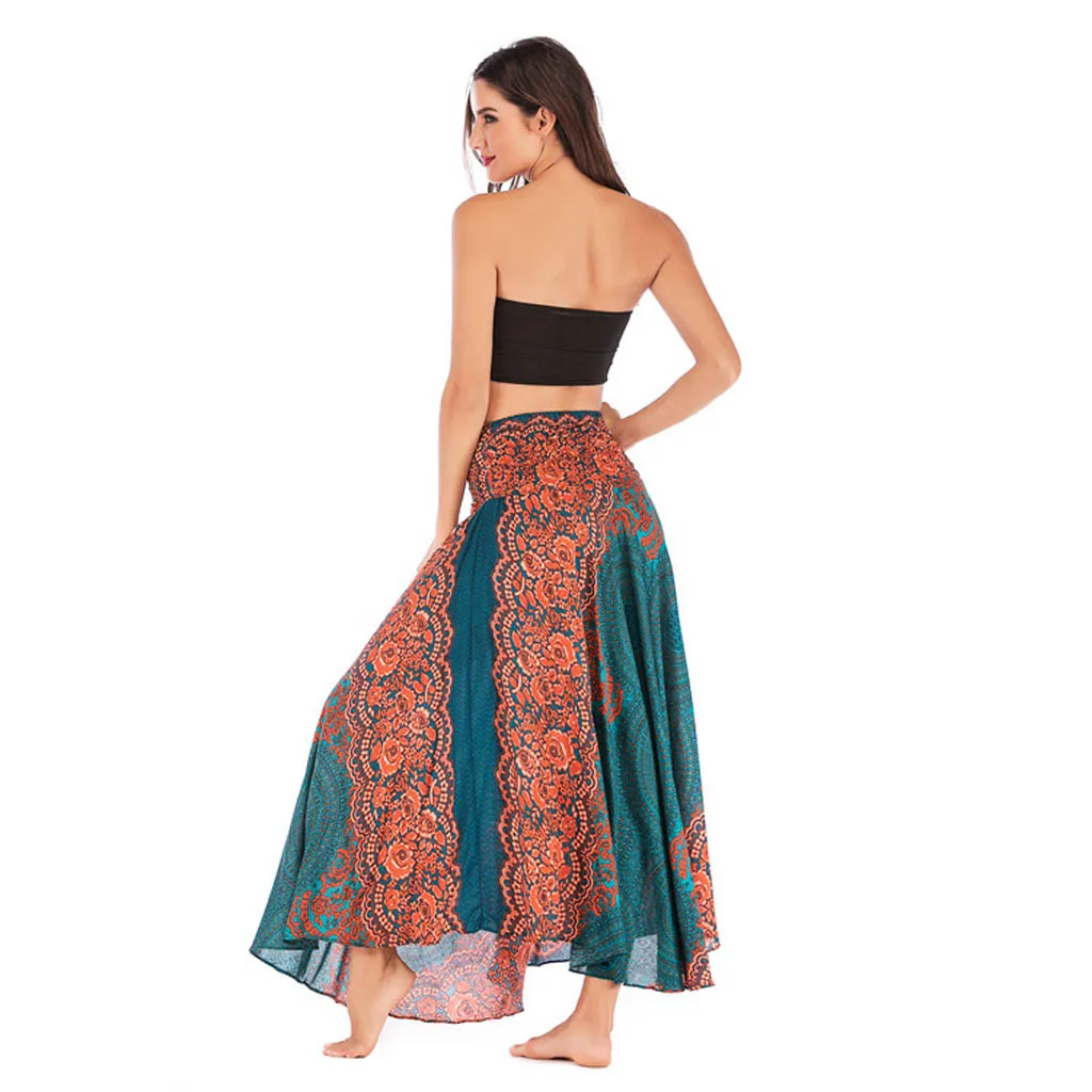 Пляжная юбка в этническом стиле, Женская длинная хиппи, богемная, цыганская, бохо, цветы, эластичная талия, Цветочная юбка с бретельками