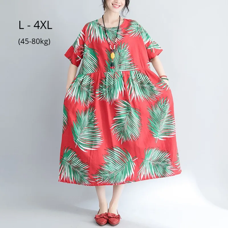 

Fashion Women Short Sleeve Summer Dress Ladies Leaves Print Cotton Linen Loose Clothing Plus Size 4XL 3XL 2XL Beach Maxi Dresses