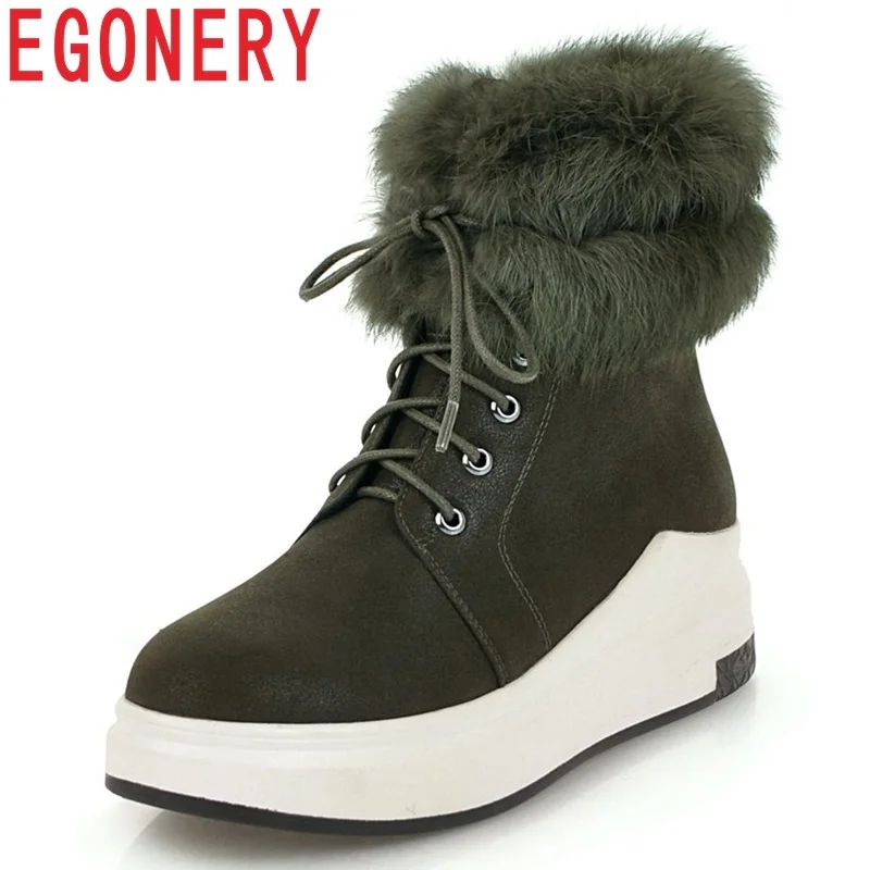 

EGONERY winter new outside plush warm concise casual flock shoes women med wedges platform round toe zip cross-tied ankle boots