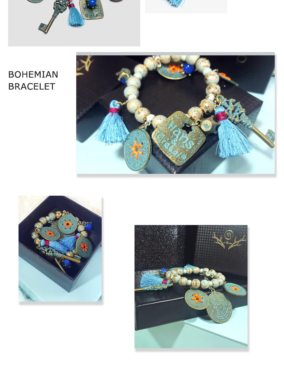 Этнический синий кисточкой круглое очарование браслеты для женщин Сплав Бусины покрытый античной бронзой модные ювелирные изделия BL06924