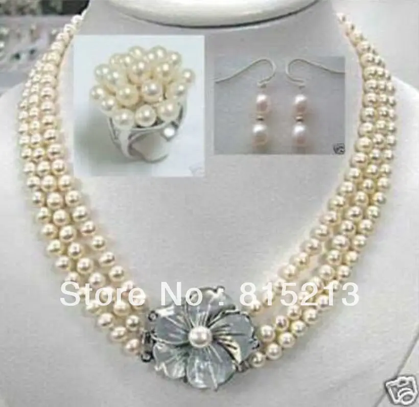 

ddh00614 3 Rows 7-8mm White Akoya Pearl Necklace Ring Earrings Jewelry Set nice
