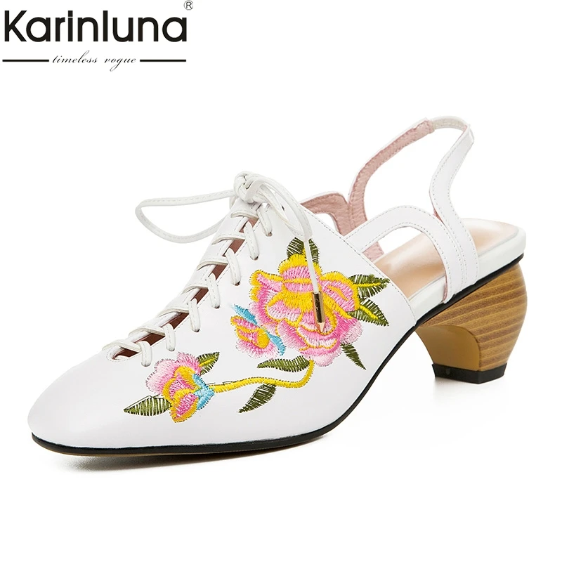 

Brand New Big Size 33-43 Luxury Embroider Lace Up Genuine Cow Leather Shoes Woman Casual Party Ol Summer Sandals