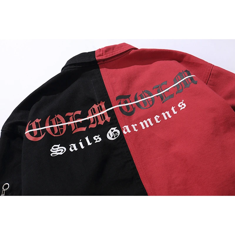Streetwear Patchwork Mixed Color Gothic Letters Print Denim Jacket Tide Men 's Retro Destroyed Patch Holes Jackets Hip-Hop Streetwear Patchwork Mixed Color Gothic Letters Print Denim Jacket Tide Men 's Retro Destroyed Patch Holes Jackets Hip-Hop