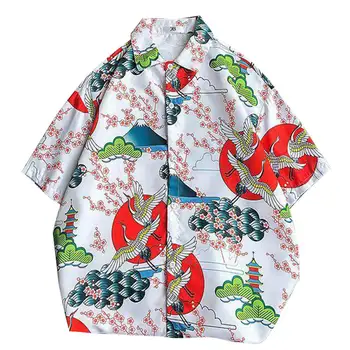

Yfashion Unisex Men Shirts Summer Japanese Style Crane Retro Printing Shirts Mens Tops Loose Casual Couples Short-sleeved Shirt