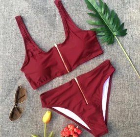 

SEAGM 2018 female summer beach bikini swimsuit swimwear women solid color bust zipper high waist bikinis suit swimsuit female
