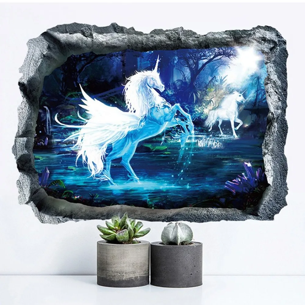 

65x48cm Blue Unicorn Horse Grass Wall Sticker 3d Break The Wall Effect Picture Setting Sticker Decorative For Kids Room