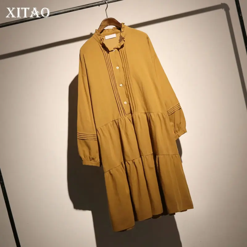

XITAO Pleated Plus Size Midi Dress Women Korea Fashion New 2019 Autumn Wild Joker Elegant Stand Collar Casual Button CXB1319