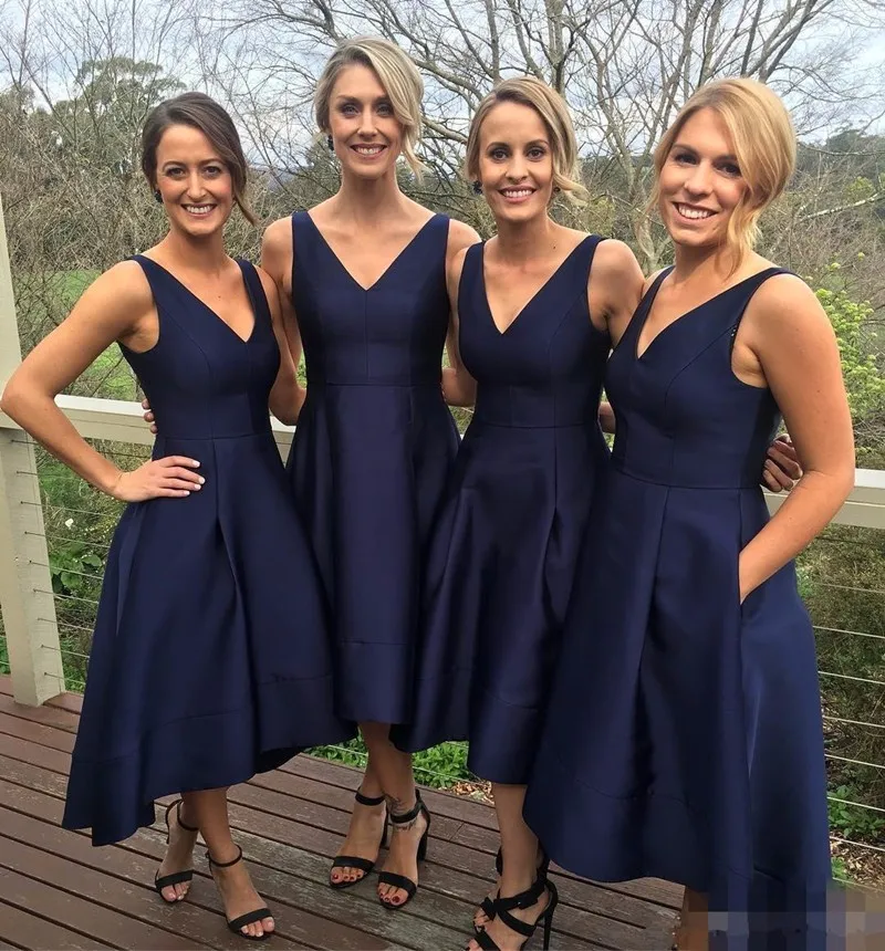 

Newly Custom Made Short Bridesmaid Dress V-Neck Sleeveless Zipper Tea-Length Satin With Pockets A-Line Wedding Party Dresses