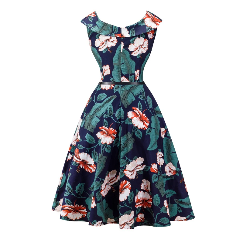Kostlish Print Summer Dress Women 2017 Cotton Sleeveless 50s Vintage Dress With Belt Elegant Rockabilly Party Dresses Sundress (104)