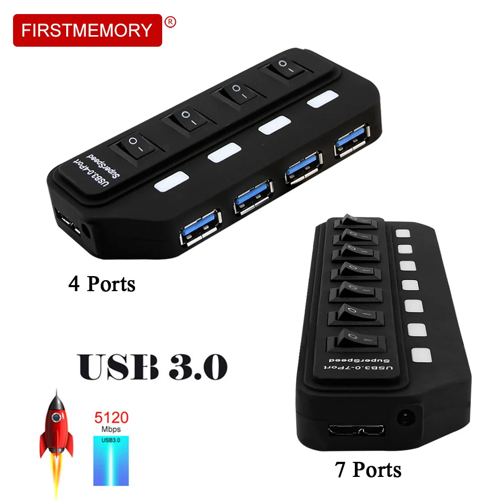 

Firstmemory USB3.0 HUB USB-A To 4/7 Port USB3.0 With EU/US/AU/UK DC 5V/2A Power Adapter LED ON/OFF Switch Splitter For PC Laptop