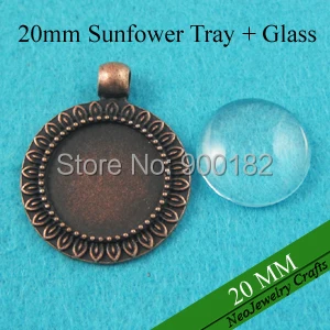 

20mm Antique Copper Cabochon Tray, Sunflower Edged Pendant Bezel Setting and 20mm Glass Cabochon (200 trays + 200 glass)