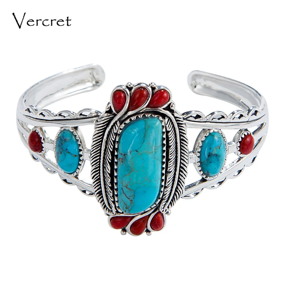 

Vercret Native American Indian Natural 925 Silver Turquoise Stone Bangles For Women Wedding Vintage Coral Fine Jewelry Bracelet
