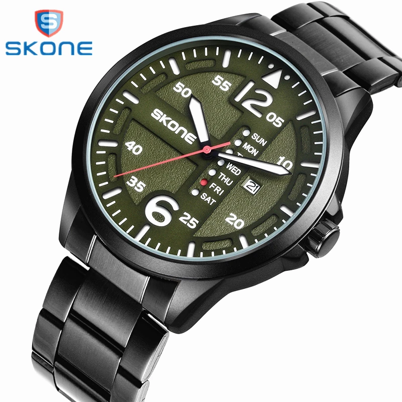 

SKONE Brand Men's Military Sports Watch Luxury Black Steel strip Waterproof Quartz Men Wristwatches Auto Date Week Sports Watch
