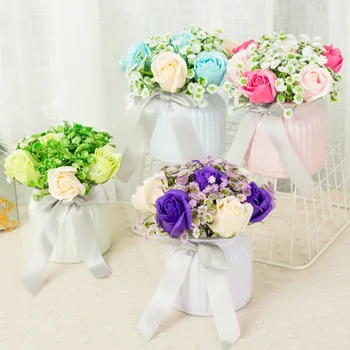 

European Style Fashion Rose Flower Bonsai Wedding Hand Flower Wedding Bow tie Flower Pot Gift Coffee Store Home Decor Flower