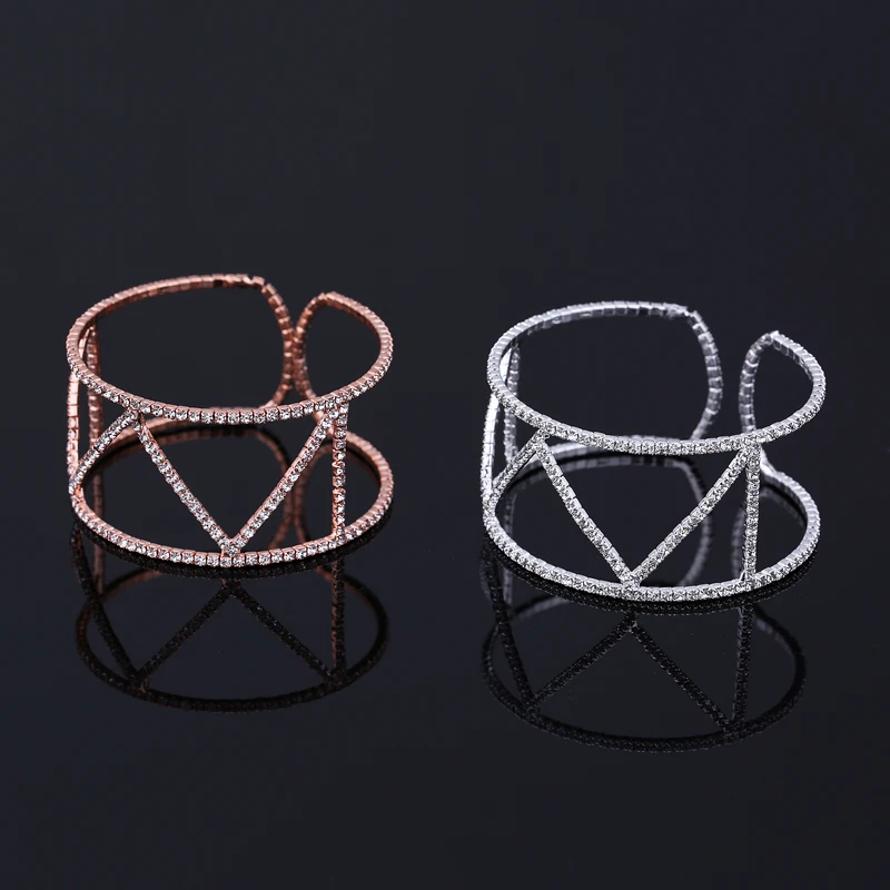 

Woman Bangle Fashion Brand Rose Gold Color Pulseiras Crystal Rhinestone Bridal Jewelry Gift Open Wide Statement Cuff Bracelets