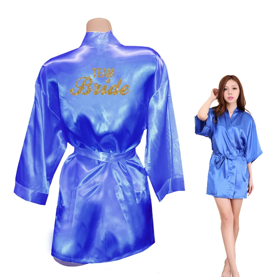 Невесты корона "Team Bride золотой блеск печать кимоно Халаты из искусственного шелка Для женщин девичник Свадьба preparewear - Цвет: Dark Blue TEAM