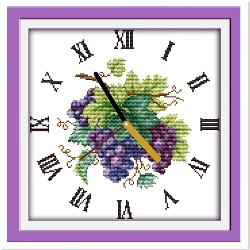 

Purple Grape Clock Face Cross Stitch Kit Embroidery Cross Set 11CT 14CT Printed On Canvas Chinese Counted Cross Stitch Pattern